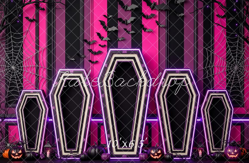 Kate Halloween Neon Coffins Bats Cobwebs Pink Black Printed Backdrop Designed by Patty Roberts