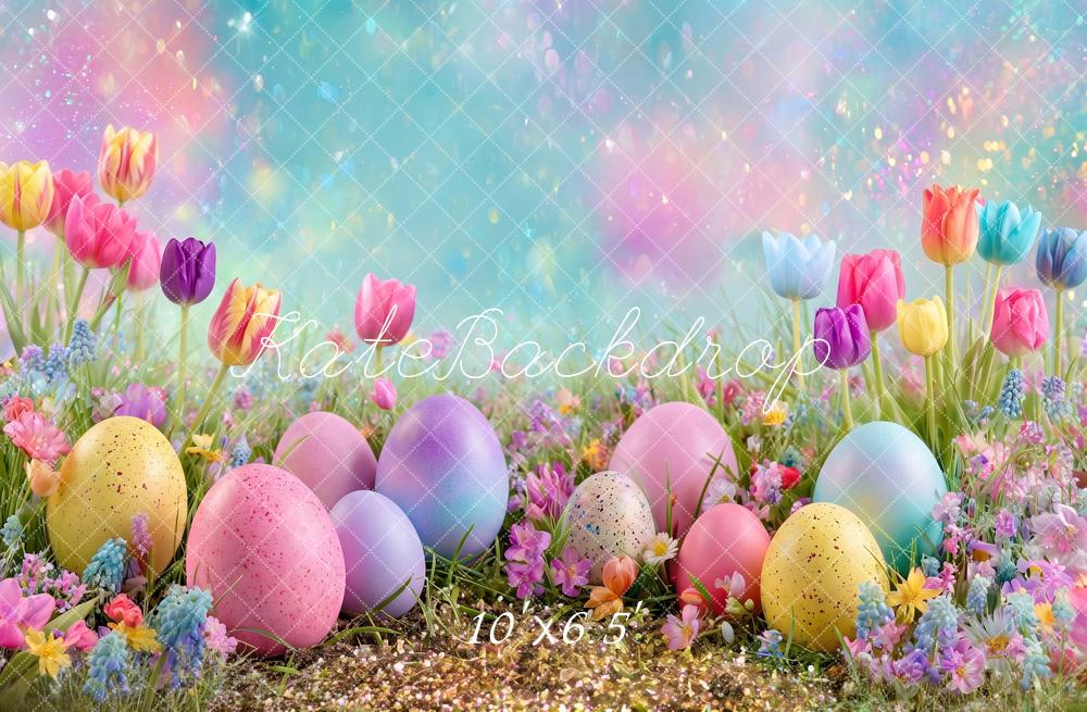 Kate Easter Colorful Eggs Tulip Flower Garden Field Printed Backdrop Designed by Angela Miller
