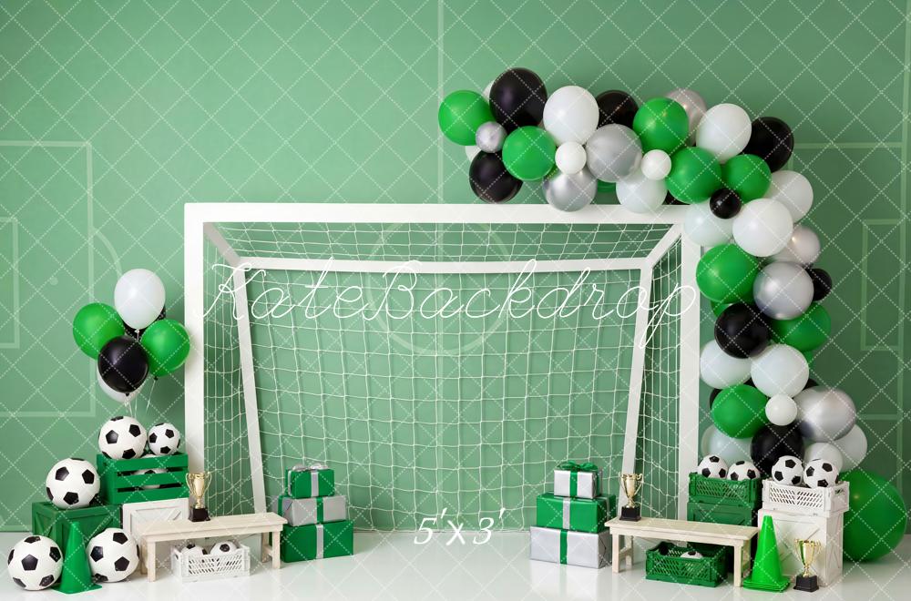 Kate Cake Smash Soccer Goal Green Black White Balloons Printed Backdrop Designed by Patty Roberts
