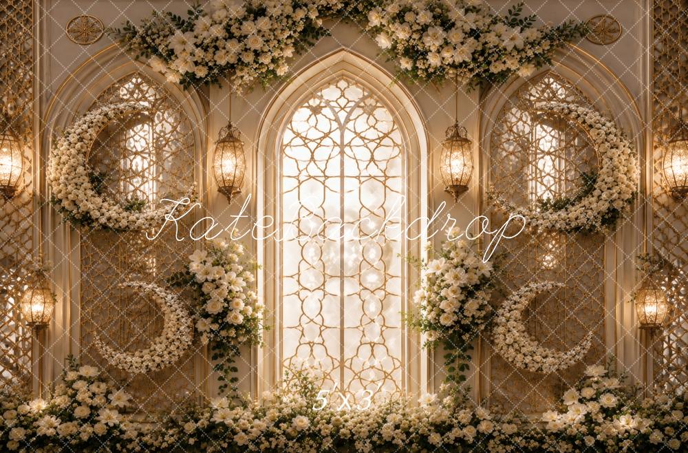 Kate Celestial Crescent Moon Floral Arch Window Printed Backdrop Designed by Vertigo Productions