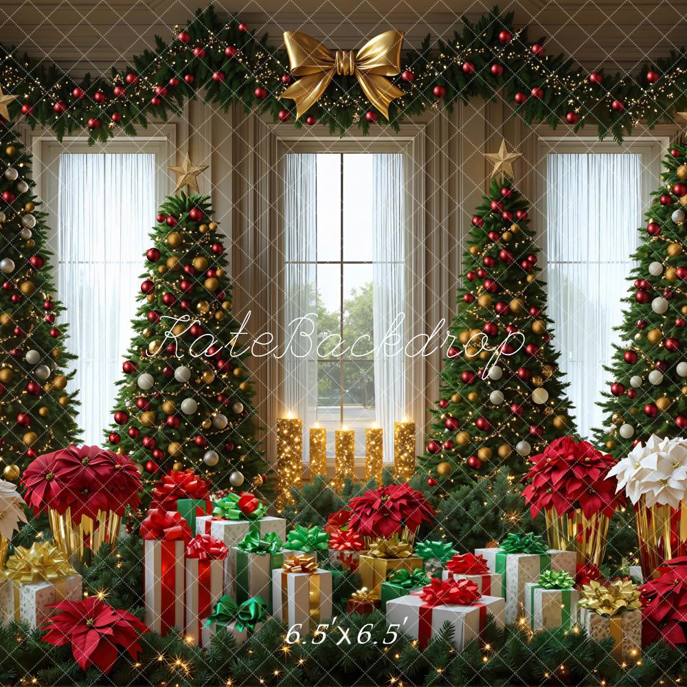 Kate Christmas Trees Fancy Gifts Poinsettia Garland Window Backdrop Designed by Mini MakeBelieve