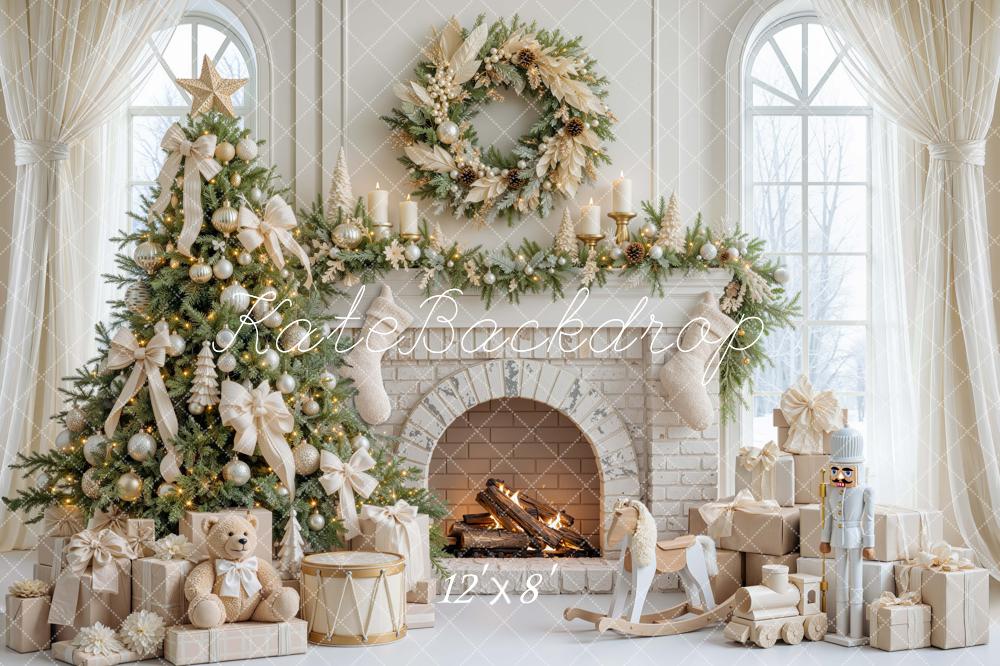 Kate Christmas Fireplace Tree White Bow Wreath Teddy Bear Printed Backdrop Designed by Mini MakeBelieve