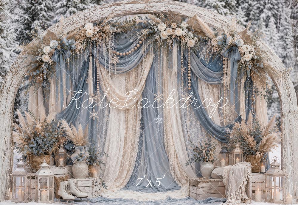 Kate Winter Christmas Flower Arch Blue Drapes Snowy Outdoor Printed Backdrop Designed by Ashley Paul
