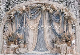 Kate Winter Christmas Flower Arch Blue Drapes Snowy Outdoor Printed Backdrop Designed by Ashley Paul