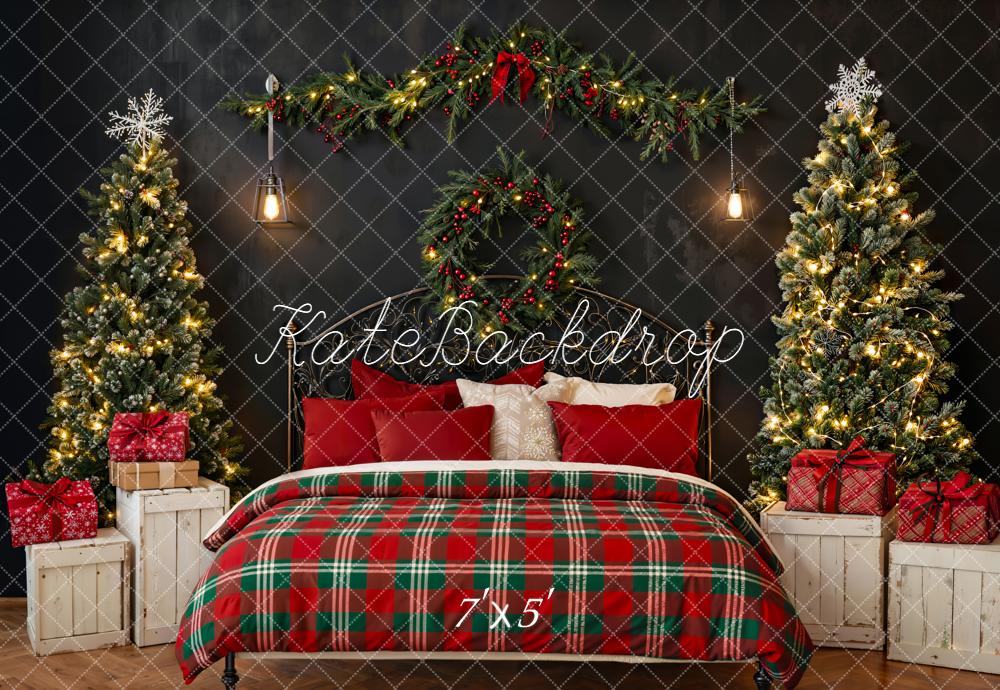 Kate Christmas Bedroom Garland Wreath Trees Red Plaid Backdrop Designed by Emetselch