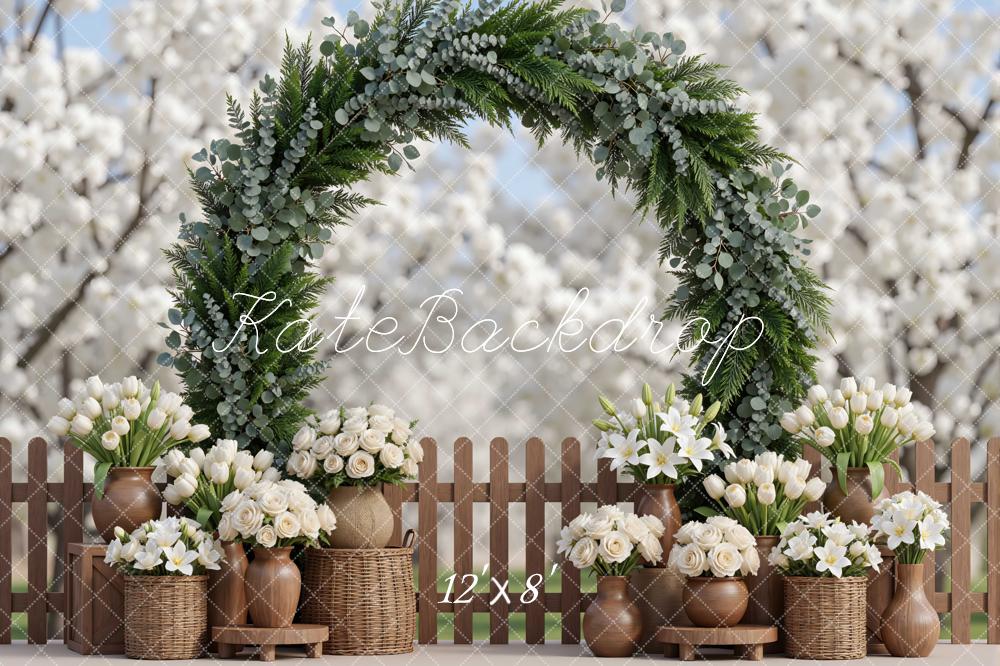 Kate Spring Flower Arch White Tulips Roses Wicker Basket Fence Spring Backdrop Designed by Mini MakeBelieve