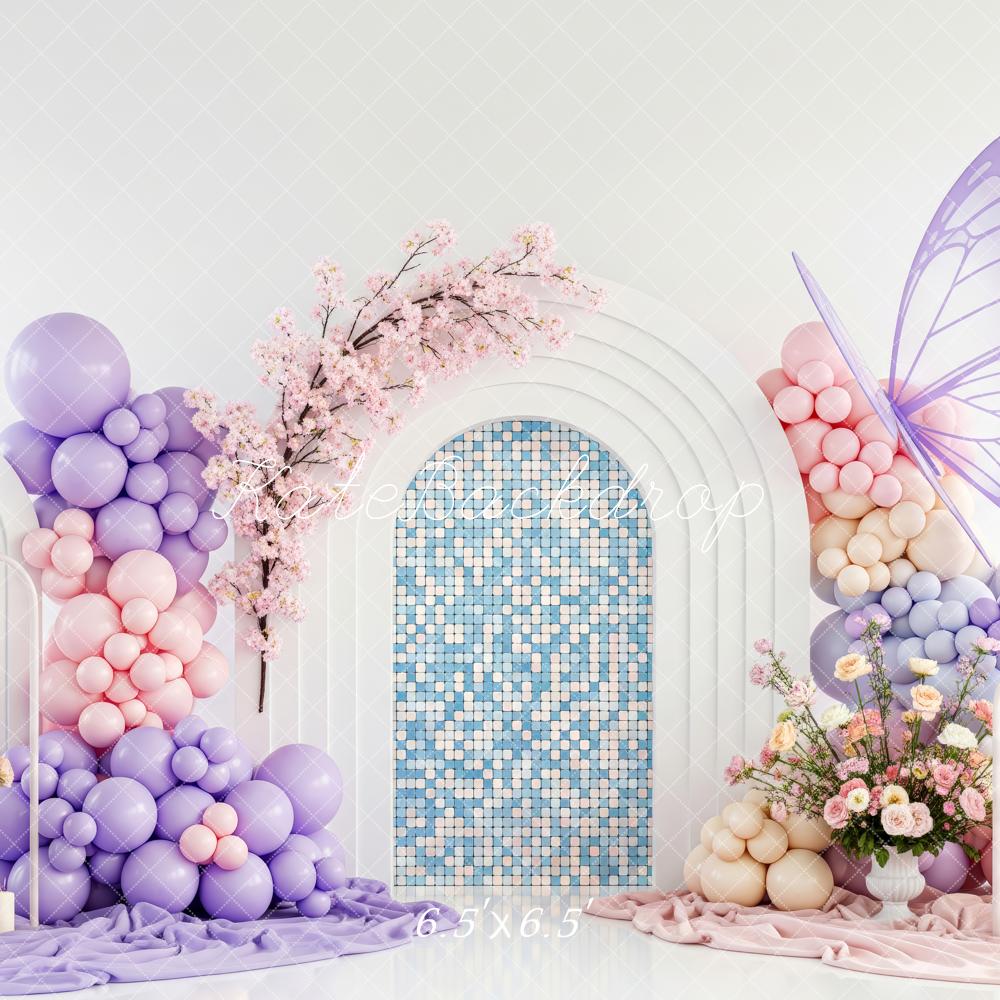 Kate Cake Smash Pastel Balloon Arch Butterfly Mosaic Flowers Printed Backdrop Designed by Patty Roberts