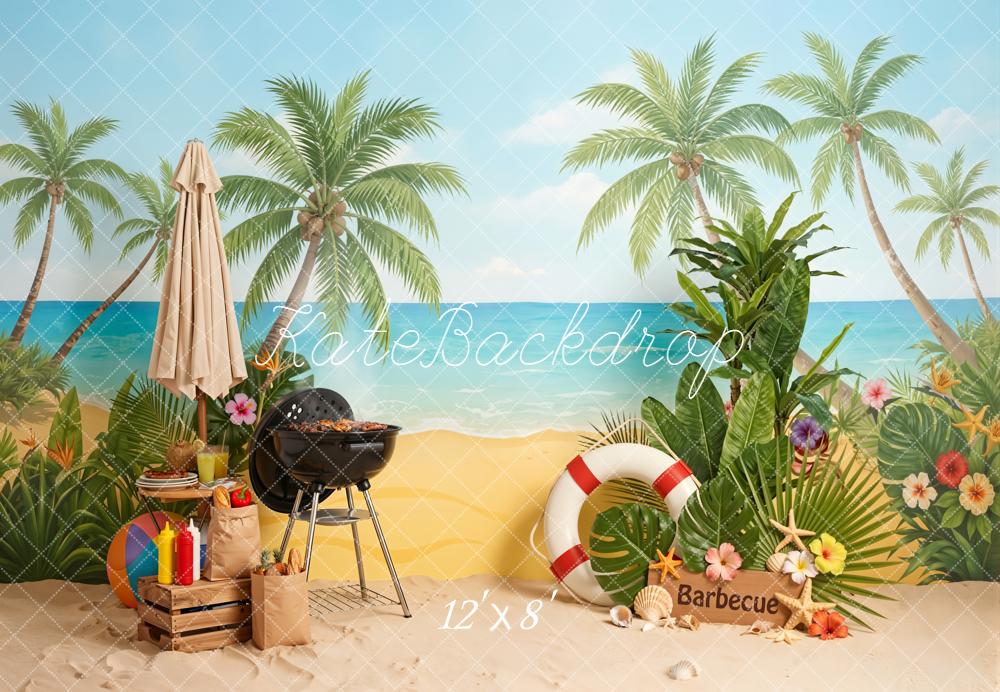 Kate Summer Beach Palm Trees Barbecue Umbrella Flowers Backdrop Designed by Emetselch