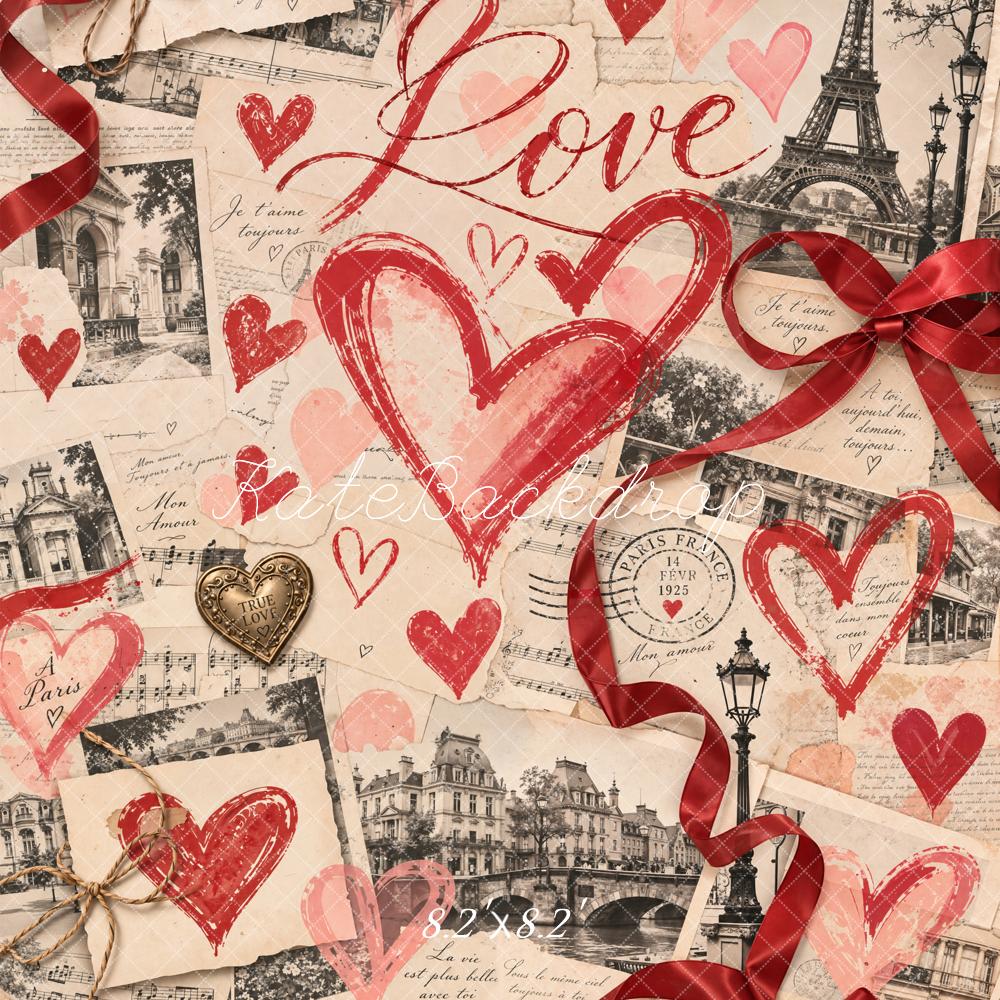Kate Valentine's Day Newspaper Eiffel Tower Love Hearts Collage Printed Backdrop Designed by Chain Photography
