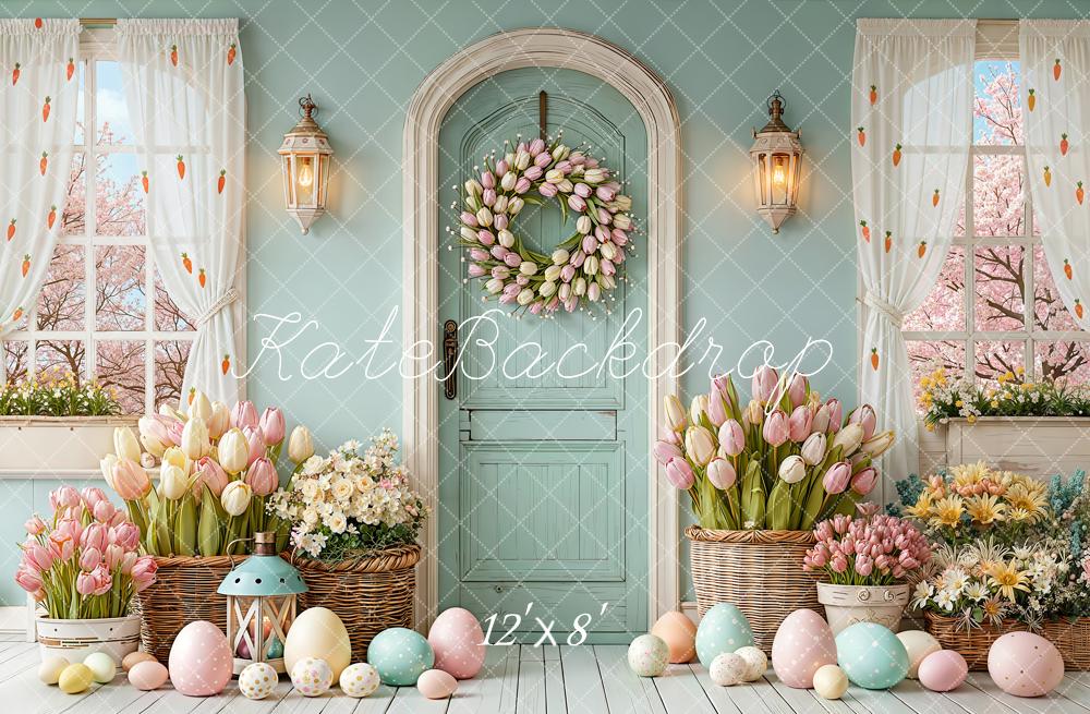 Kate Easter Bunny Pastel Eggs Tulip Wreath Door Backdrop Designed by Emetselch
