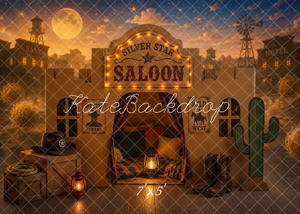 Kate Western Cowboy Dreams Of The Frontier Saloon Moon Town Printed Backdrop Designed by Ashley Ward