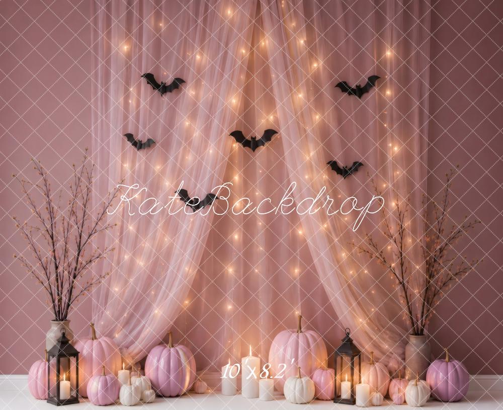 Kate Halloween Blush Pink Pumpkins Bats Fairy Lights Printed Backdrop Designed by Vertigo Productions
