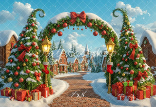 Kate Christmas Tree Arch Gifts Snowy Village Printed Backdrop Designed by Emetselch
