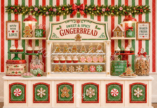 Kate Christmas Gingerbread Candy Shop Cookies Bakery Striped Printed Backdrop Designed by Emetselch