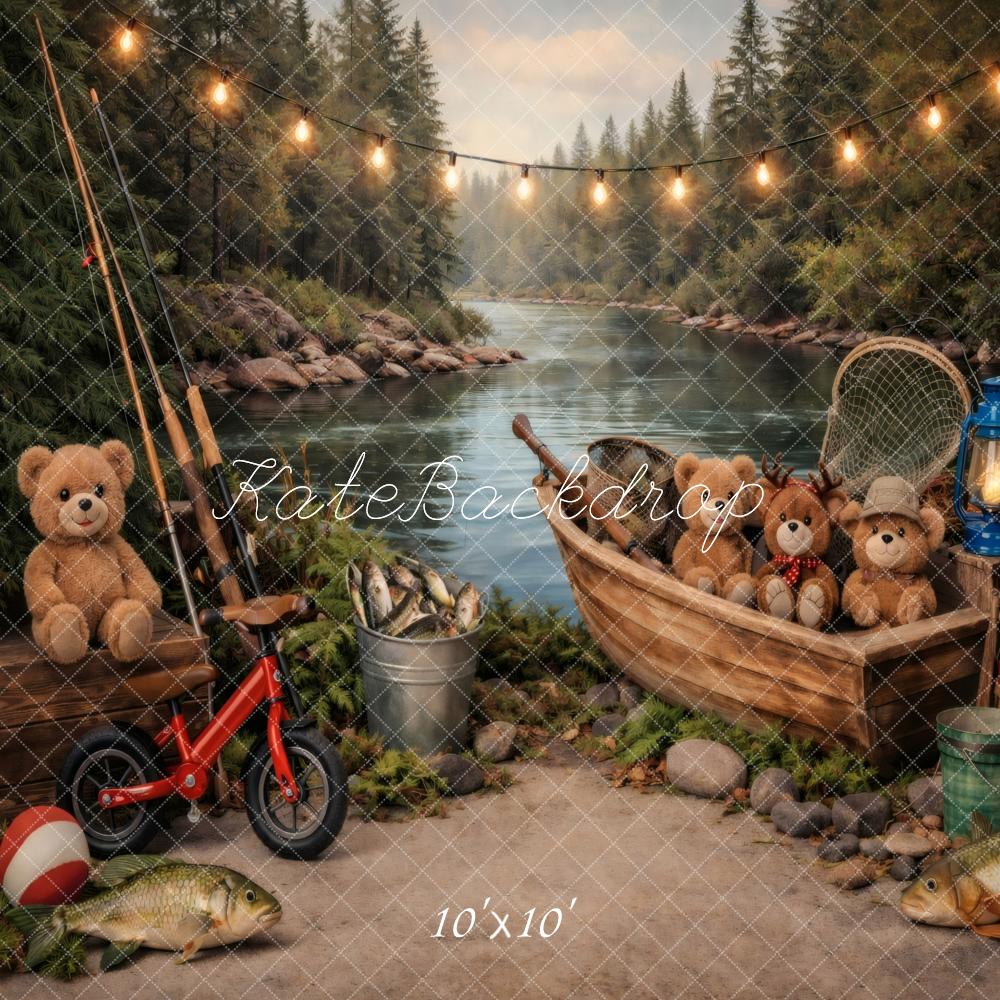 Kate Teddy Bears Fishing River Forest Boat Printed Backdrop Designed by Vertigo Productions