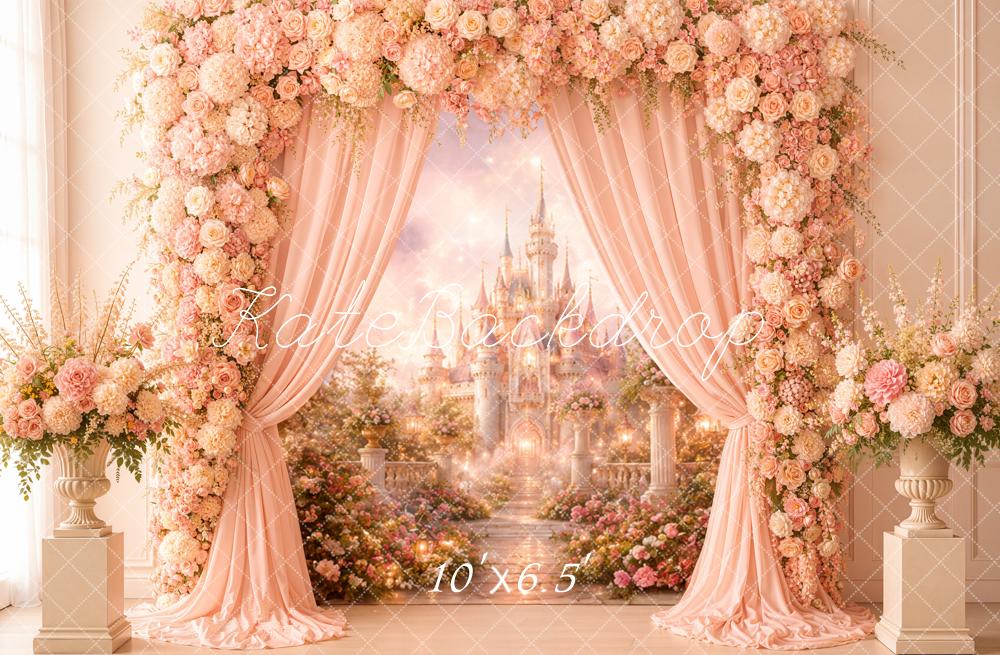 Kate Fairy Fantasy Princess Castle Flower Arch Pink Printed Backdrop Designed by Emetselch