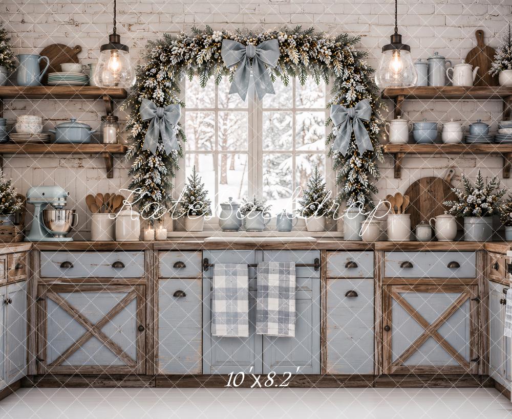 Kate Christmas Kitchen Blue Cabinet Garland Rustic Snow Printed Backdrop Designed by Ashley Paul