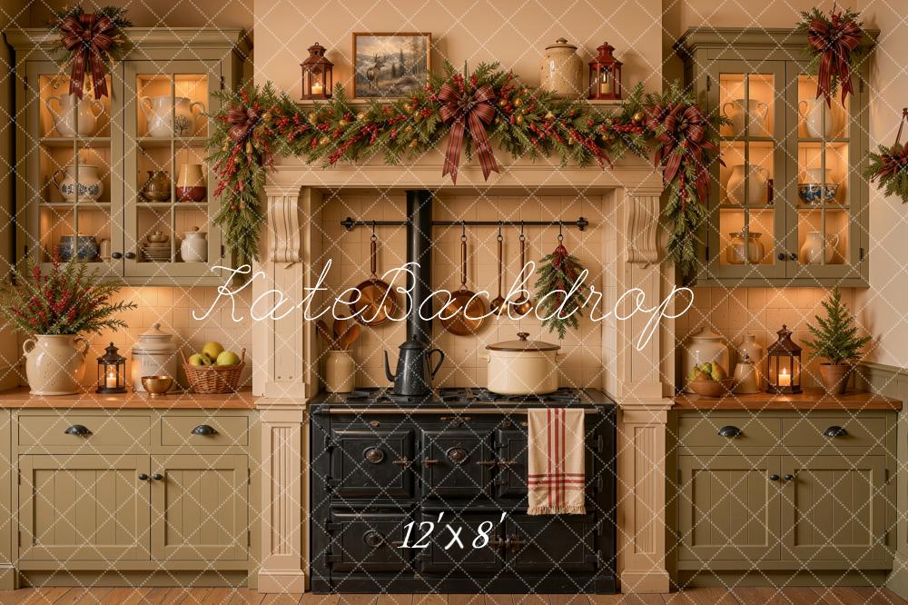 Kate Christmas Rustic Green Kitchen Stove Garland Printed Backdrop Designed by Ashley Ward