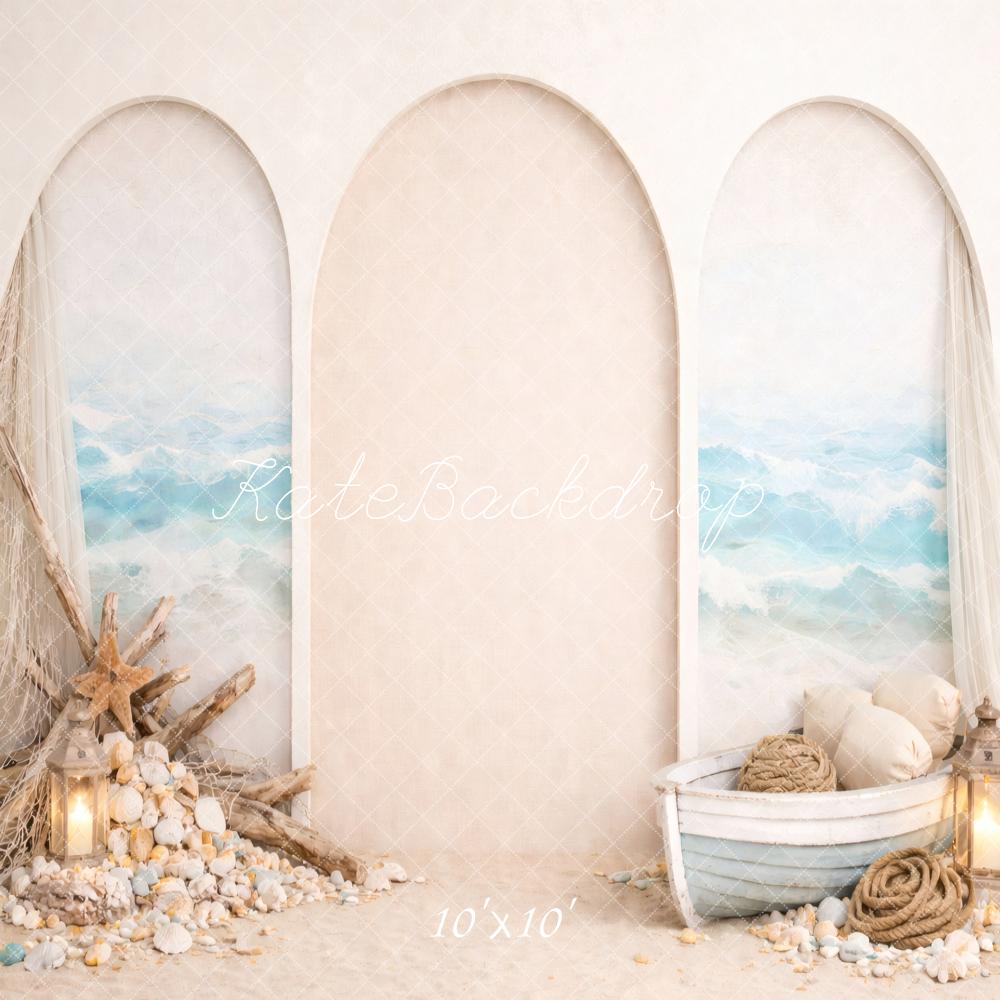 Kate Beach Archway Boat Seashells Fishing Net Printed Backdrop Designed by Vertigo Productions