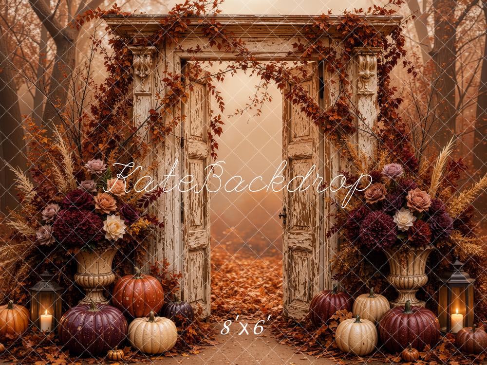 Kate Fall Vintage Door Floral Pumpkins Cozy Forest Printed Backdrop Designed by Jordan Moon