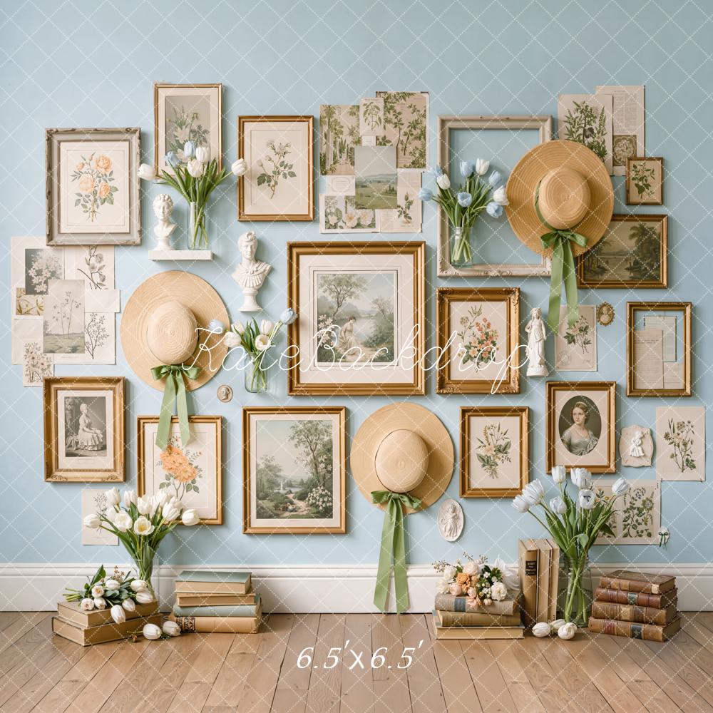 Kate Vintage Wall Botanical Frames Floral Hats Blue Backdrop Designed by Emetselch