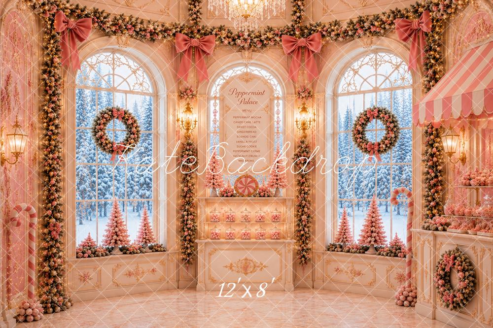 Kate Christmas Pink Palace Peppermint Candy Shop Window Snowy Printed Backdrop Designed by Caitlin Lynch