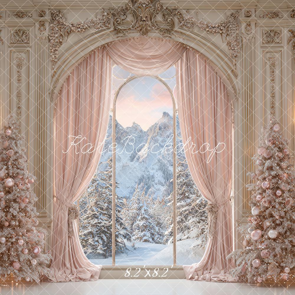 Kate Christmas Retro Arch Pink Curtains Ornate Window Snowy Trees Backdrop Designed by Ashley Paul