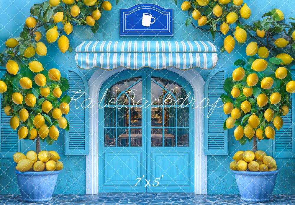 Kate Summer Lemon Cafe Shop Blue Door Backdrop Designed by Mini MakeBelieve