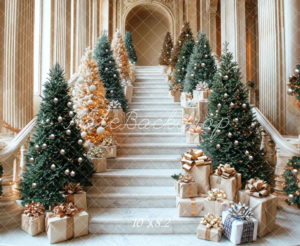 Kate Christmas Cascading Stairs Trees Gifts Architecture Printed Backdrop Designed by Mini MakeBelieve