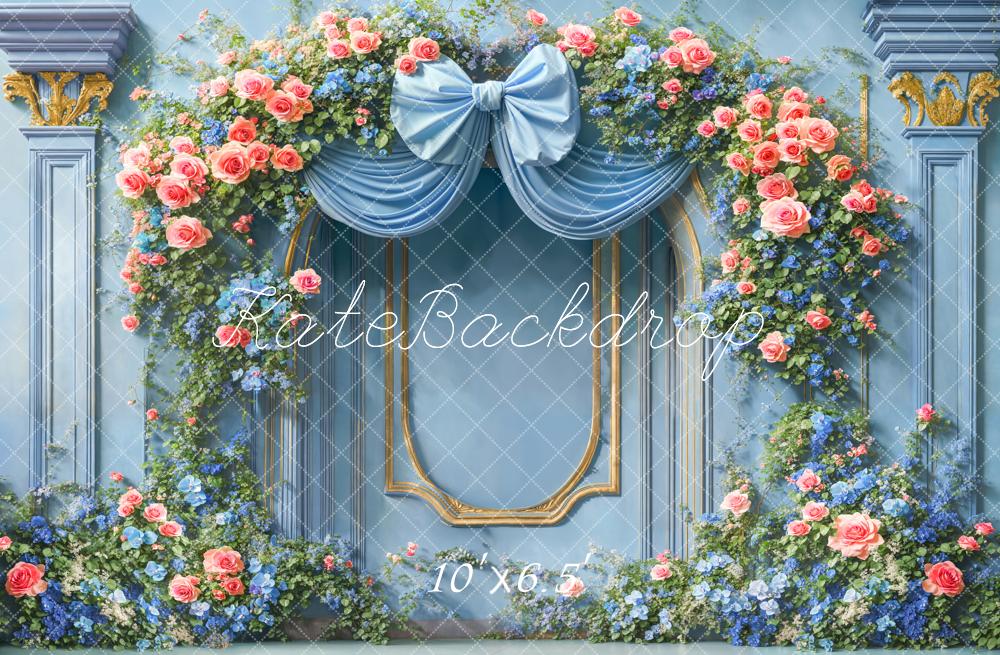 Kate Retro Floral Arch Blue Bow Framed Backdrop Designed by Emetselch