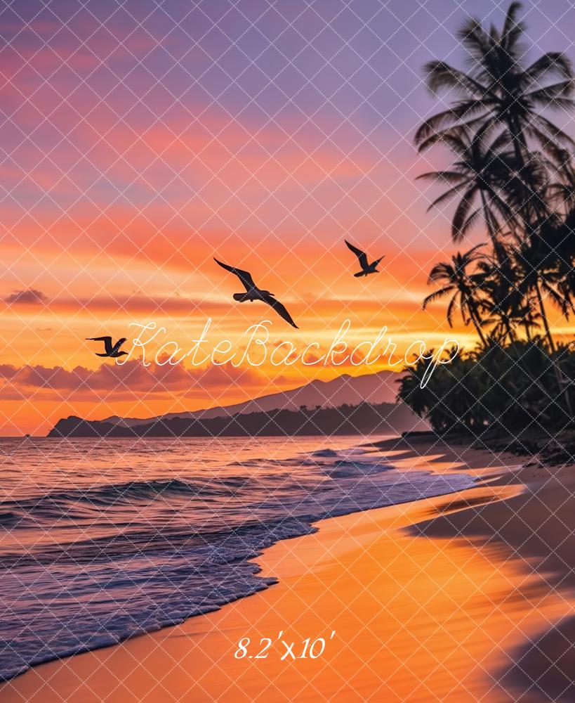 Kate Summer Tropical Sunset Beach Palm Trees Seagulls Backdrop Designed by Emetselch