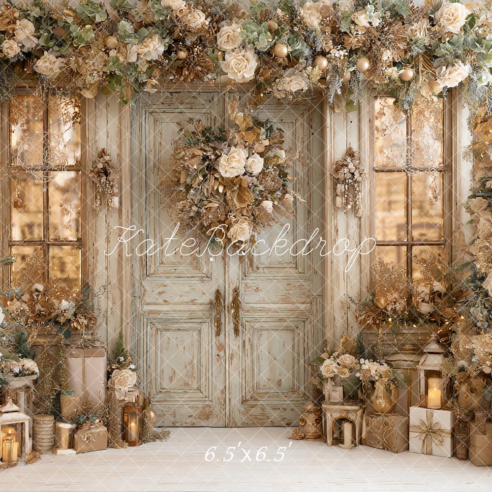 Kate Christmas Gold Floral Rustic Door Backdrop Designed by Ashley Paul