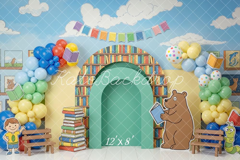 Kate Back to School Book Arch Balloons Cartoon Bear Printed Backdrop Designed by Mini MakeBelieve