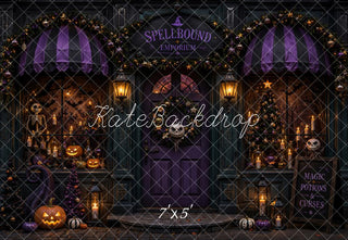 Kate Halloween Doorway Spellbound Emporium Purple Pumpkins Skeleton Candles Printed Backdrop Designed by Emetselch