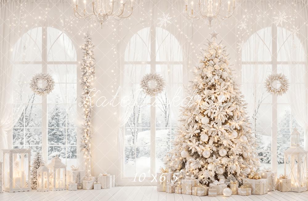 Kate White Christmas Tree Gifts Windows Wreath Lantern Printed Backdrop Designed by Emetselch
