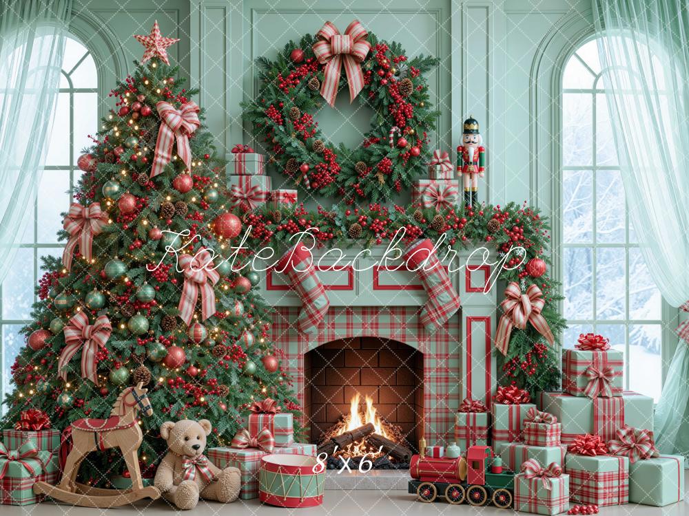 Kate Christmas Tree Fireplace Wreath Nutcracker Plaid Green Printed Backdrop Designed by Mini MakeBelieve