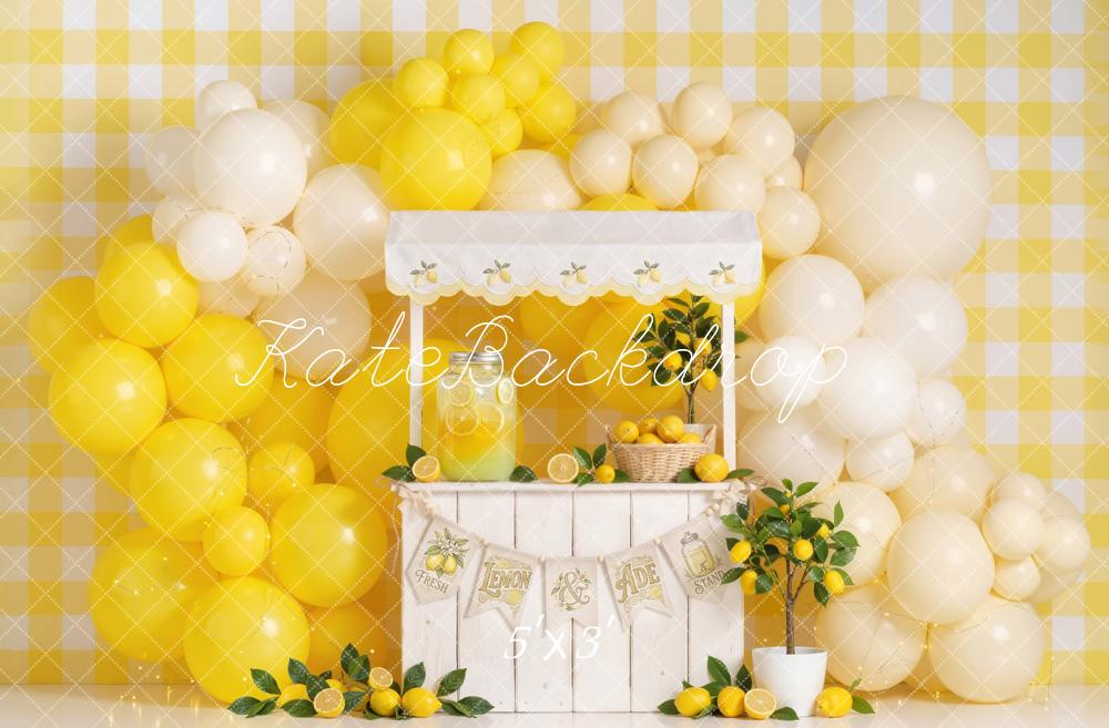 Kate Lemonade Stand Yellow Balloons Gingham Lemon Decor Printed Backdrop Designed by Emetselch