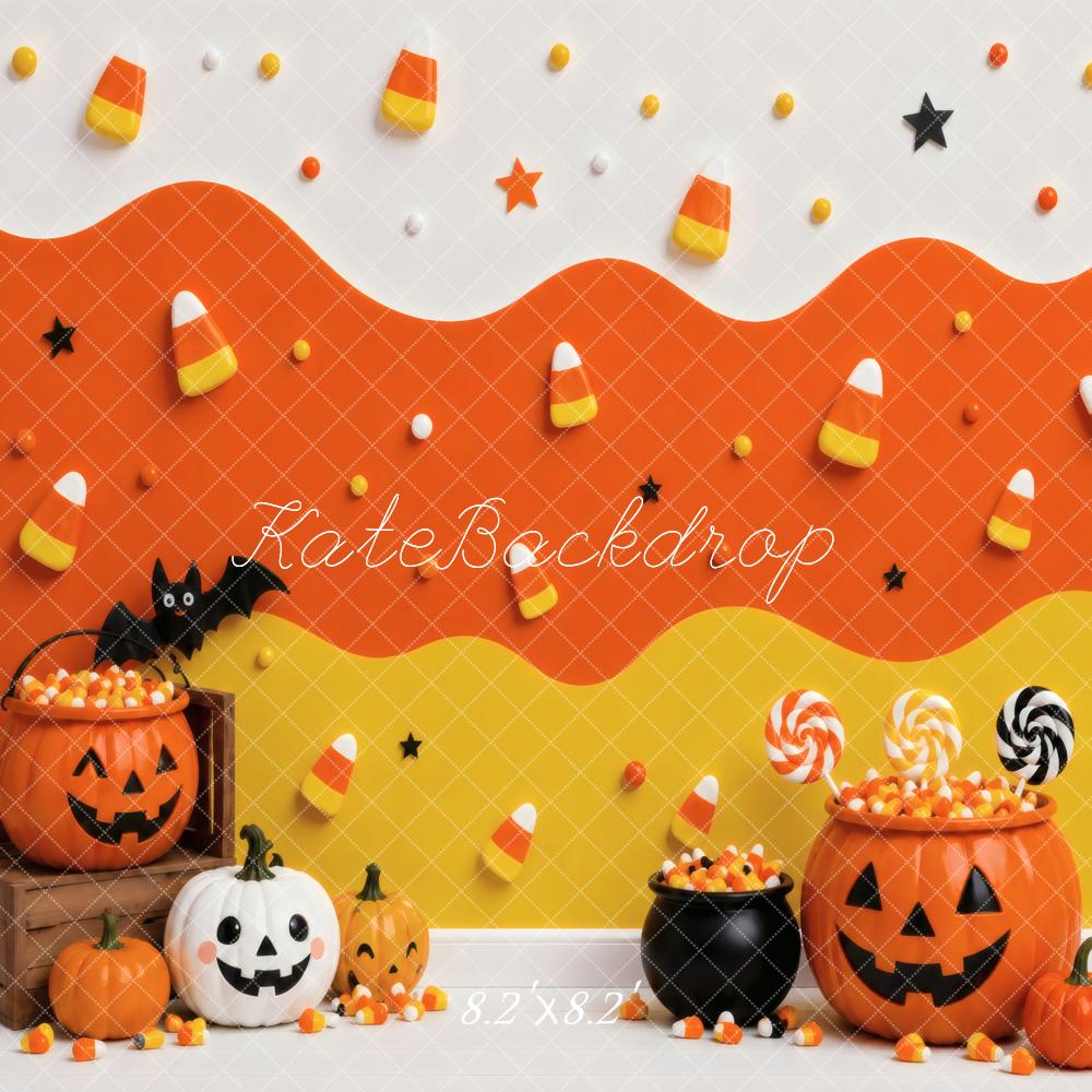 Kate Halloween Cute Candy Corn Pumpkins Jack-O-Lanterns Printed Backdrop Designed by Vertigo Productions