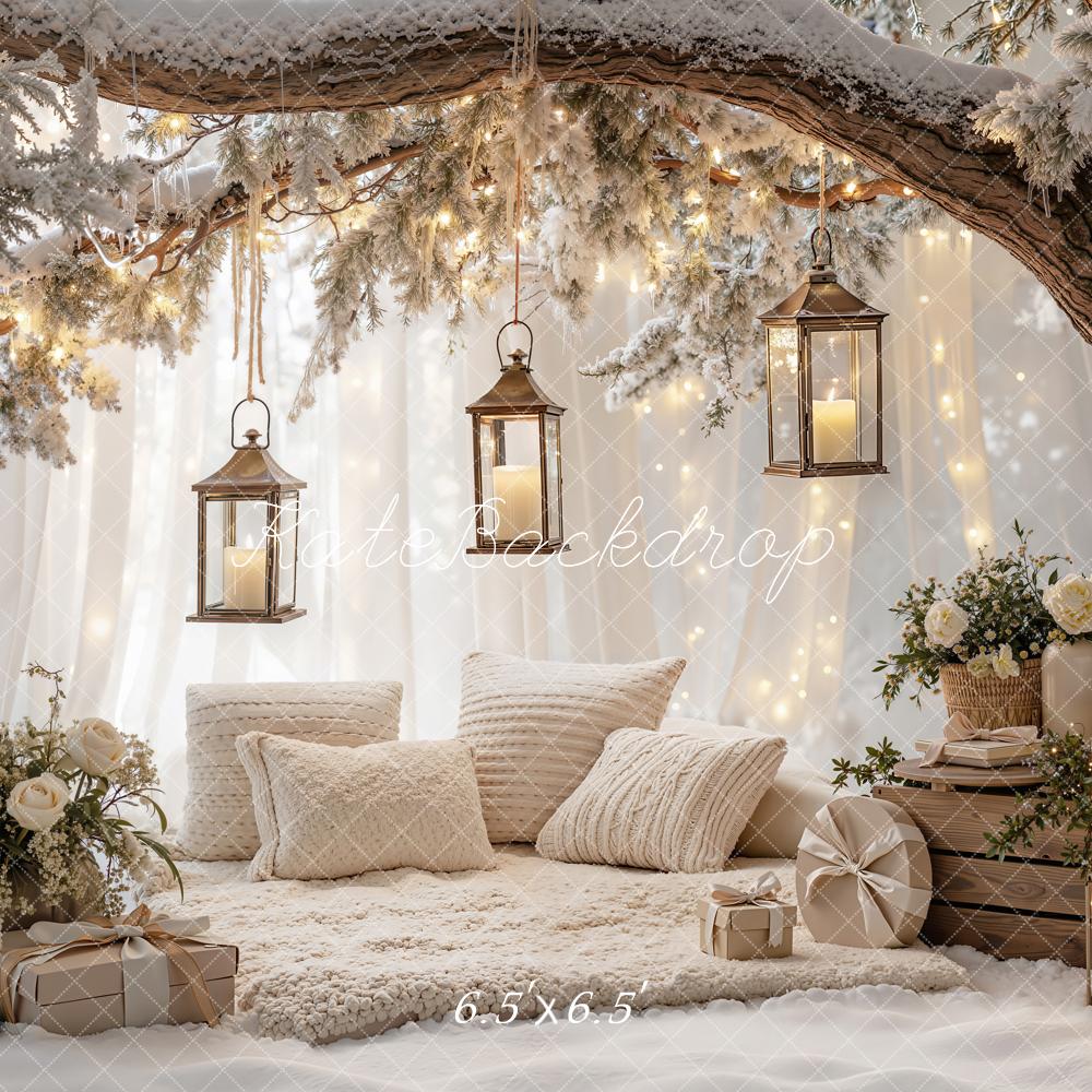 Kate Christmas Branch Arch Snowy Tree Lanterns Pillows Gifts Printed Backdrop Designed by Emetselch