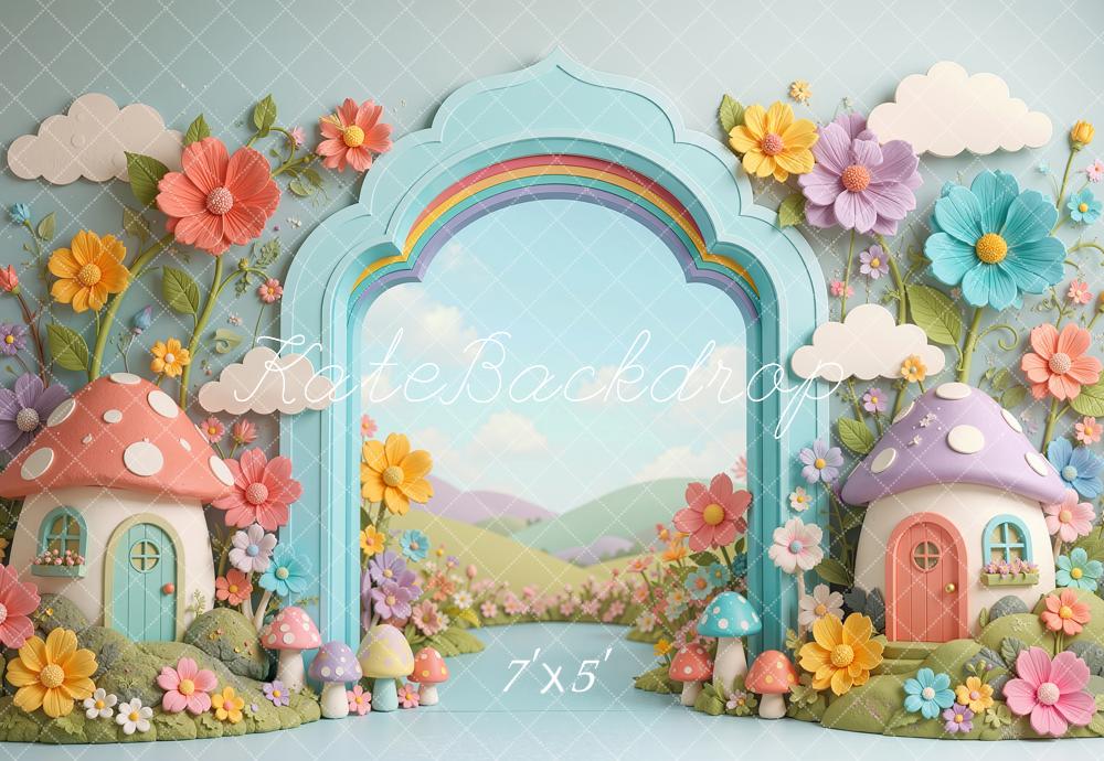 Kate Cake Smash Mushroom Houses Arch Flowers Rainbow Printed Backdrop Designed by Shutter Swan Studios