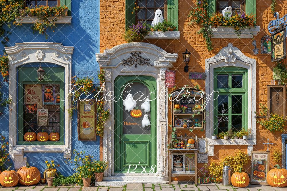 Halloween Straatwinkel Pompoenen Geesten Foto Achtergrond Designed by Emetselch