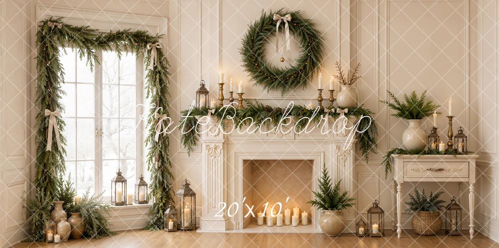 Kate Christmas Fireplace Corner Window Wreath Garland Candles Printed Backdrop Designed by Emetselch