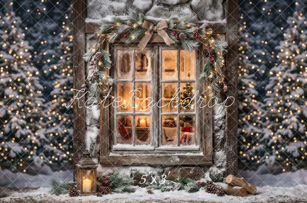 Kate Christmas Evening Snowy Window Garland Lantern Printed Backdrop Designed by Happy Squirrel Design