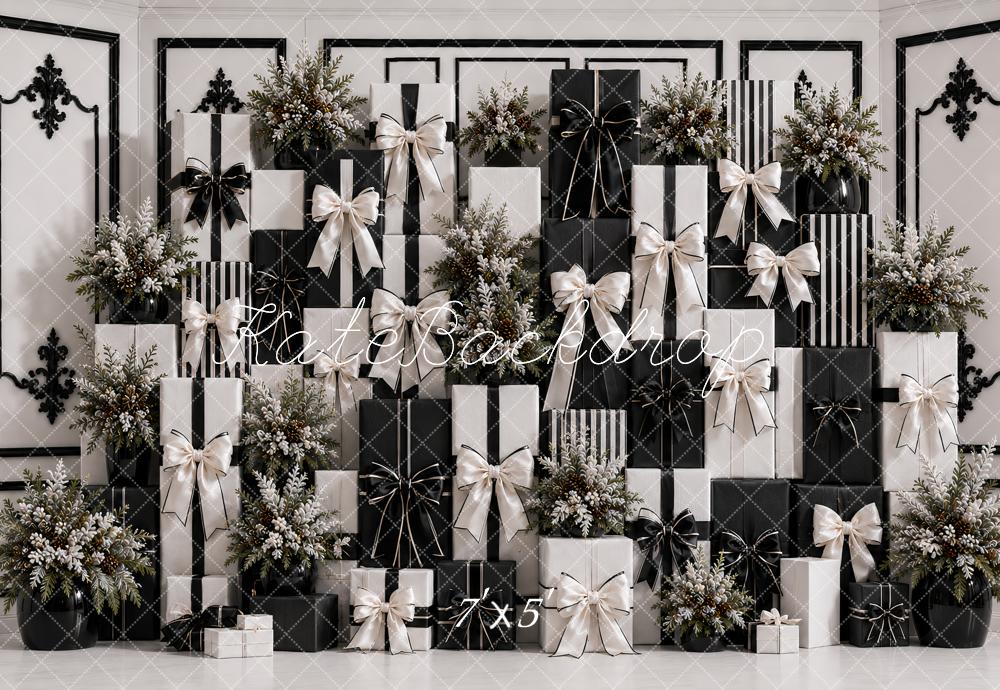 Kate Black White Gift Box Floral Wall Printed Backdrop Designed by Ashley Paul
