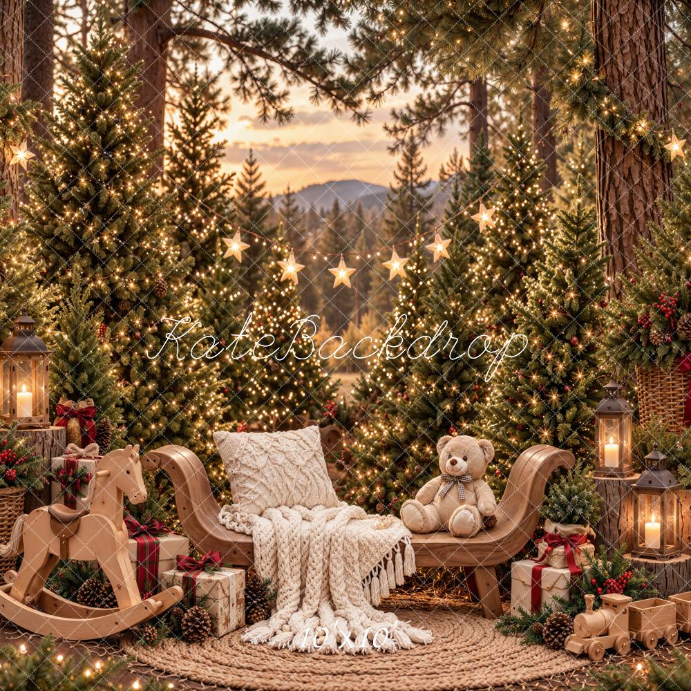 Kate Christmas Forest Cozy Rocking Horse Teddy Bear Printed Backdrop Designed by Emetselch