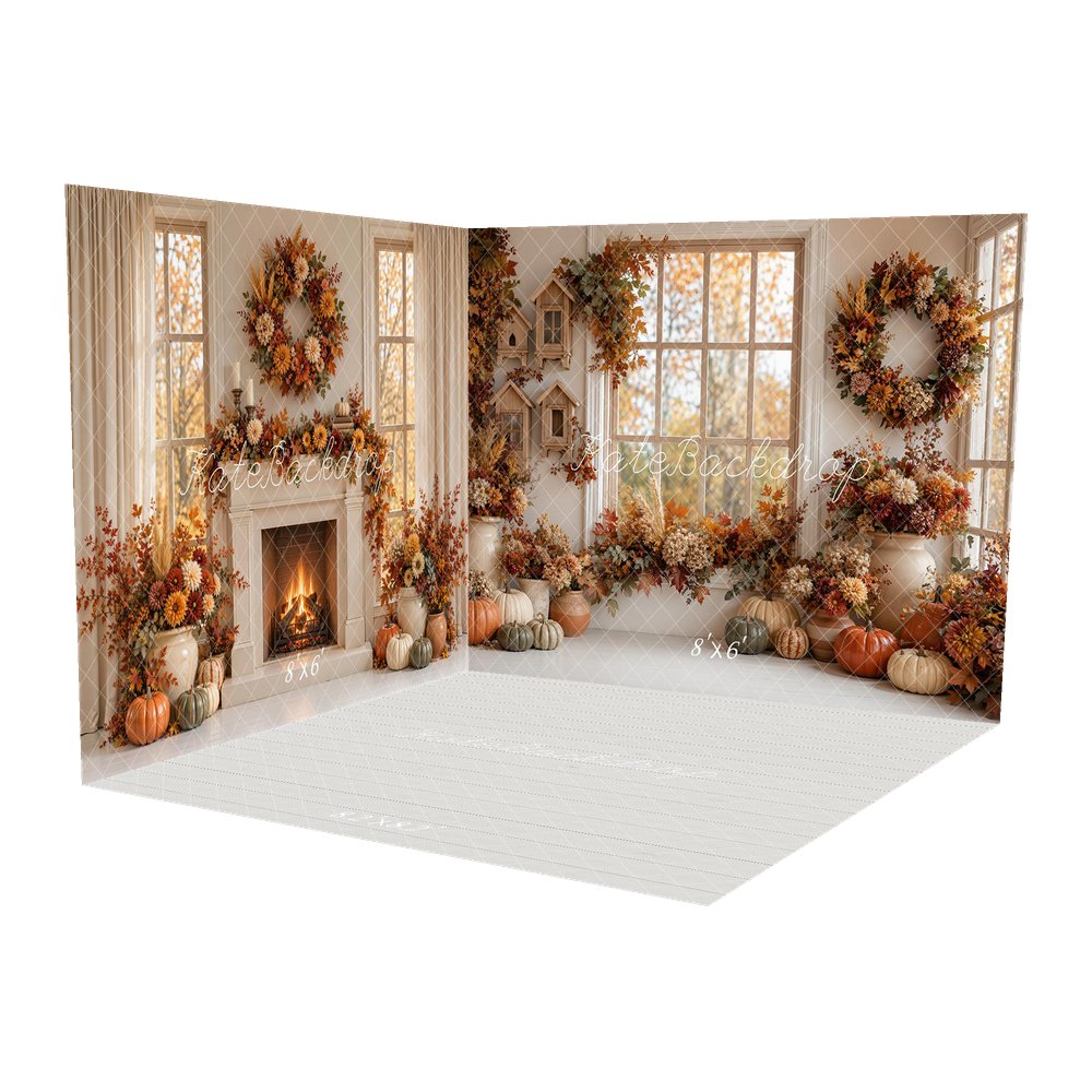 Kate Fall Cozy Interior Pumpkins Floral Window Wreath Printed Backdrop Room Set