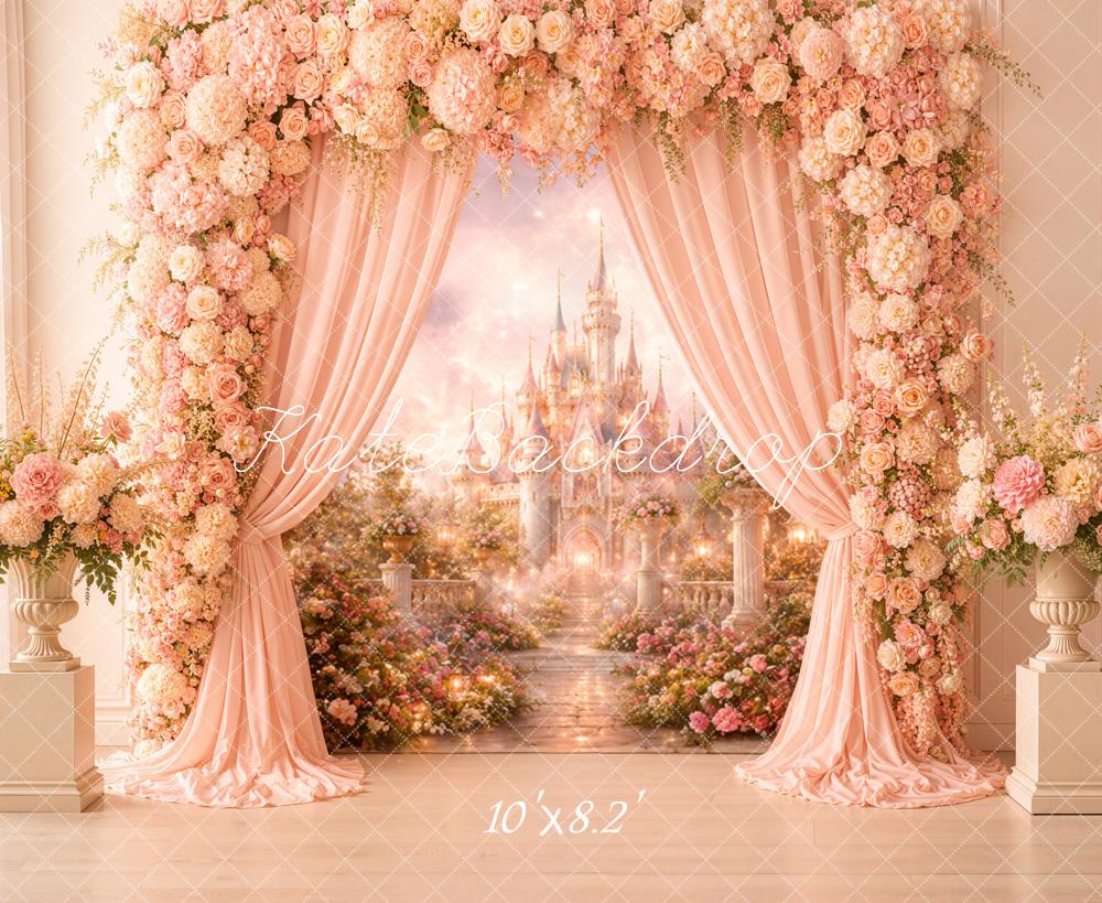 Kate Fairy Fantasy Princess Castle Flower Arch Pink Printed Backdrop Designed by Emetselch