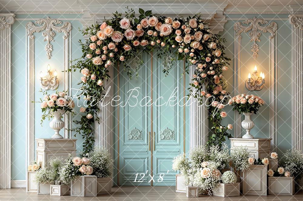 Kate Spring Flower Arch Blue Ornate Wall Printed Backdrop Designed by Mini MakeBelieve