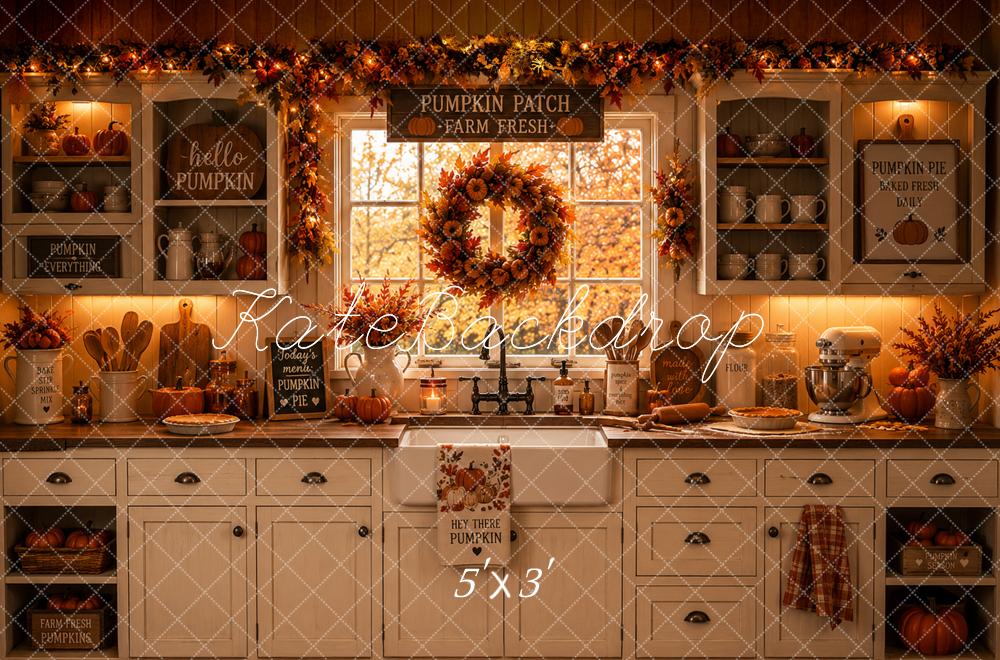 Kate Fall Pumpkin Farmhouse Kitchen Wreath Window Printed Backdrop Designed by Caitlin Lynch