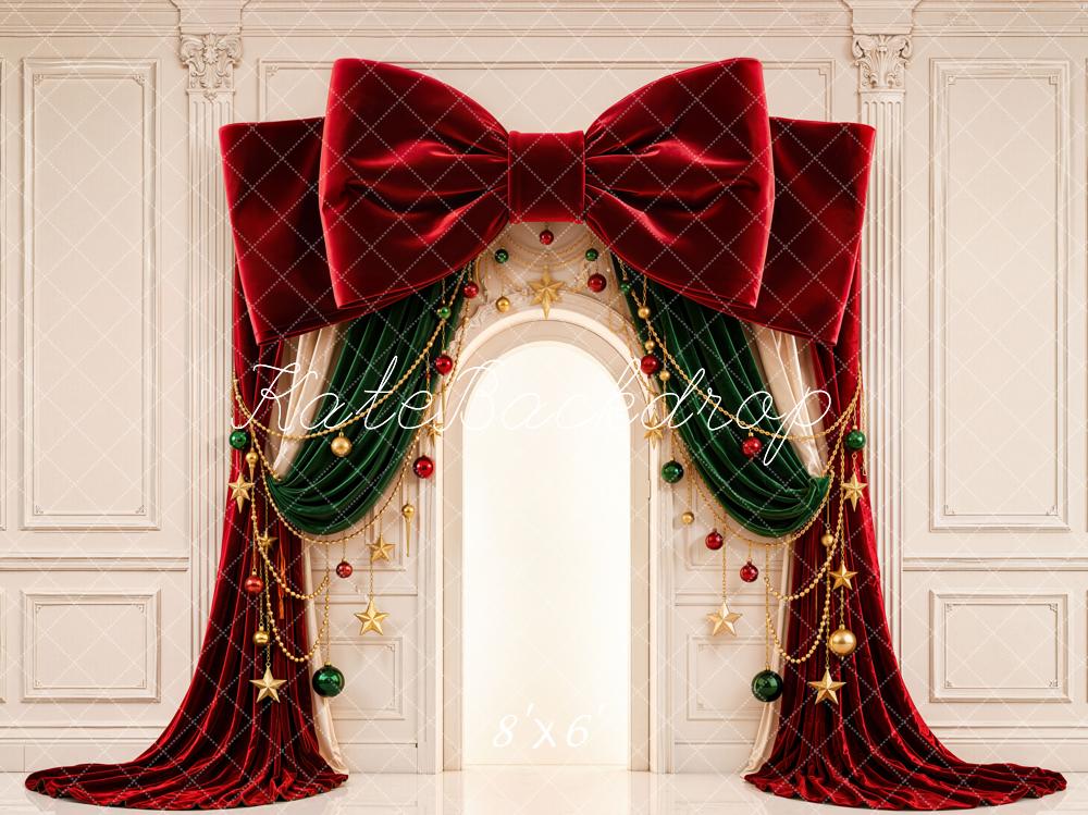 Kate Christmas Red Velvet Bow Arch Ornaments Printed Backdrop Designed by Emetselch